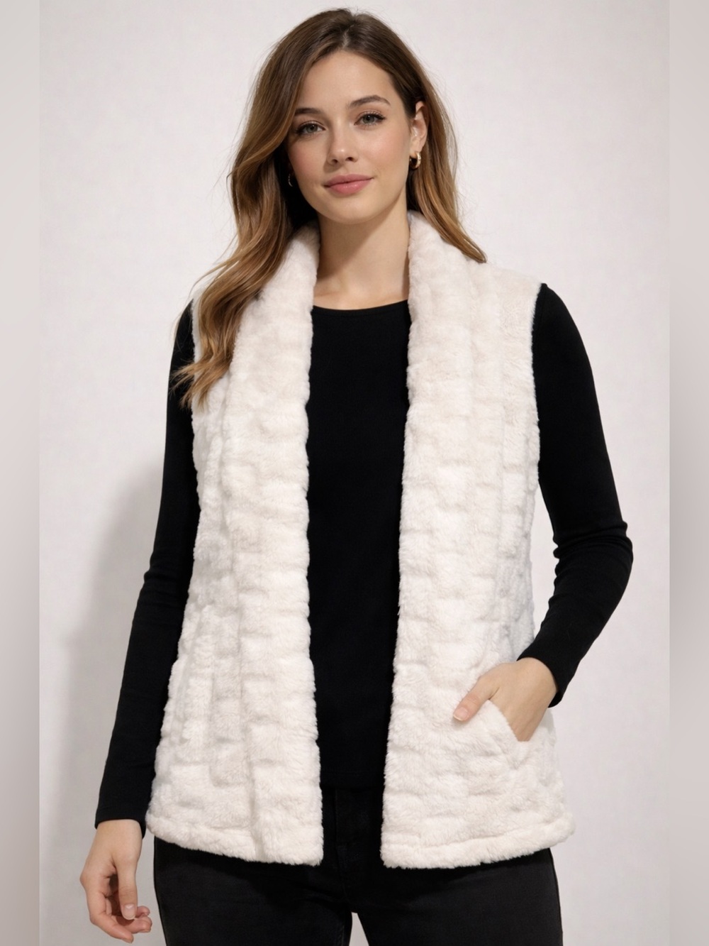 Lucy Cream Sherpa Draped Open-Front Vest with Black Lining